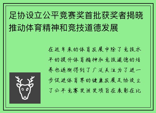 足协设立公平竞赛奖首批获奖者揭晓推动体育精神和竞技道德发展